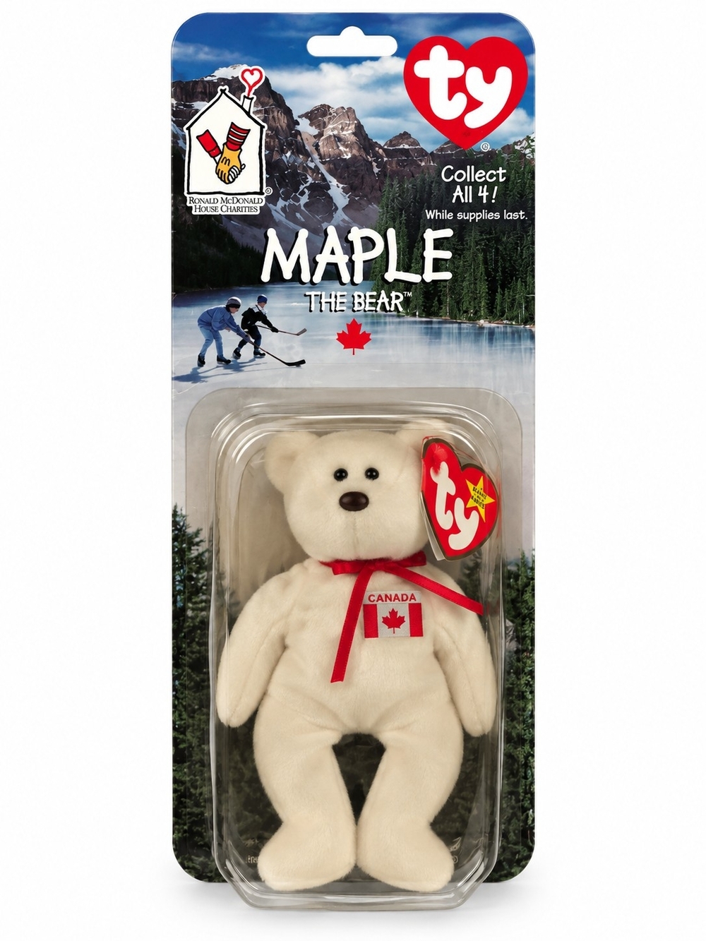 Ty Maple The Bear Plush - White with Red Ribbon and Flag Detail